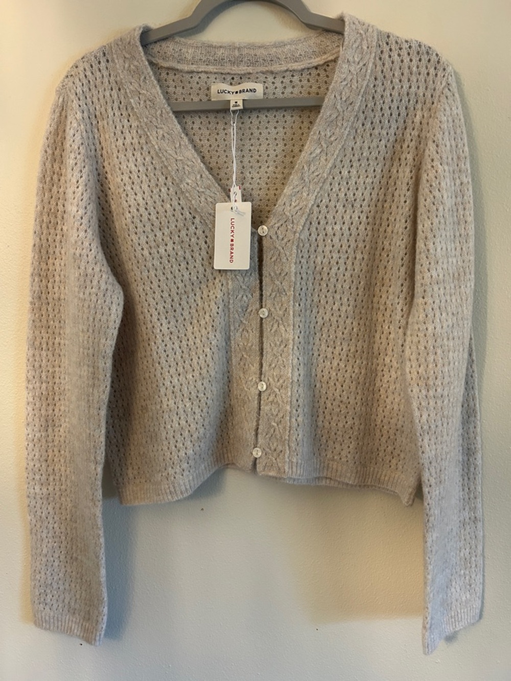 Lucky Brand Light Cream Openwork Knit Button-Front Cardigan